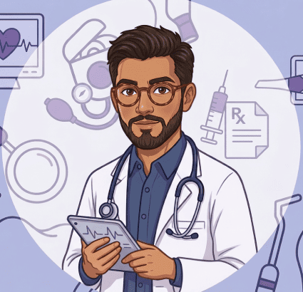 Dibujo de dr con lentes y barba con bata blanca, y expediente en las manos