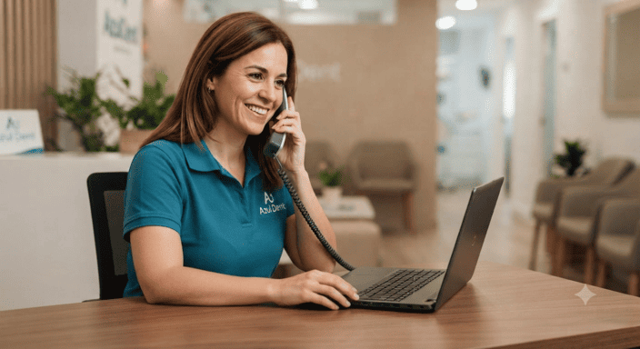chica con playera azul hablando por teléfono
